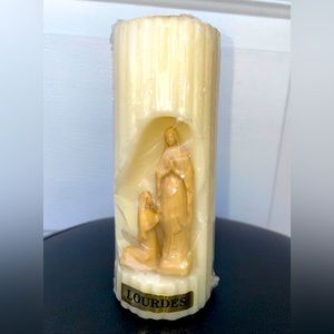 Vintage Lourdes Mother Mary Pillar Candle White with Plastic Statue